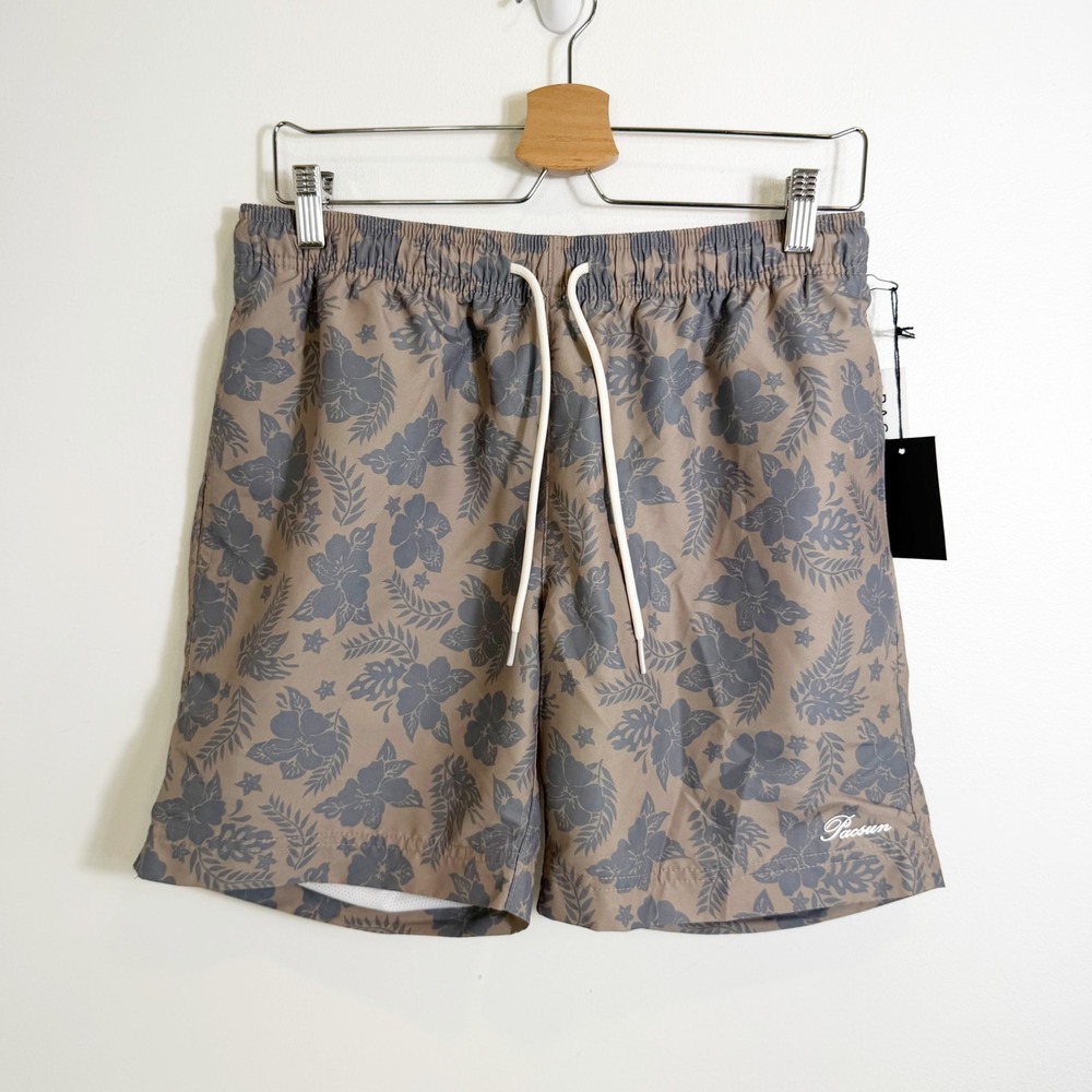 PacSun Swim Trunks Men Small Tan Grey Floral Hibiscus Print Mesh Lined 6" Inseam